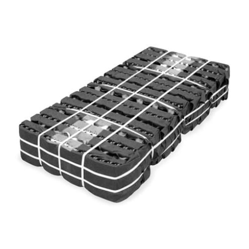 A stack of black rubber tracks secured with white straps, arranged neatly for storage or transport.