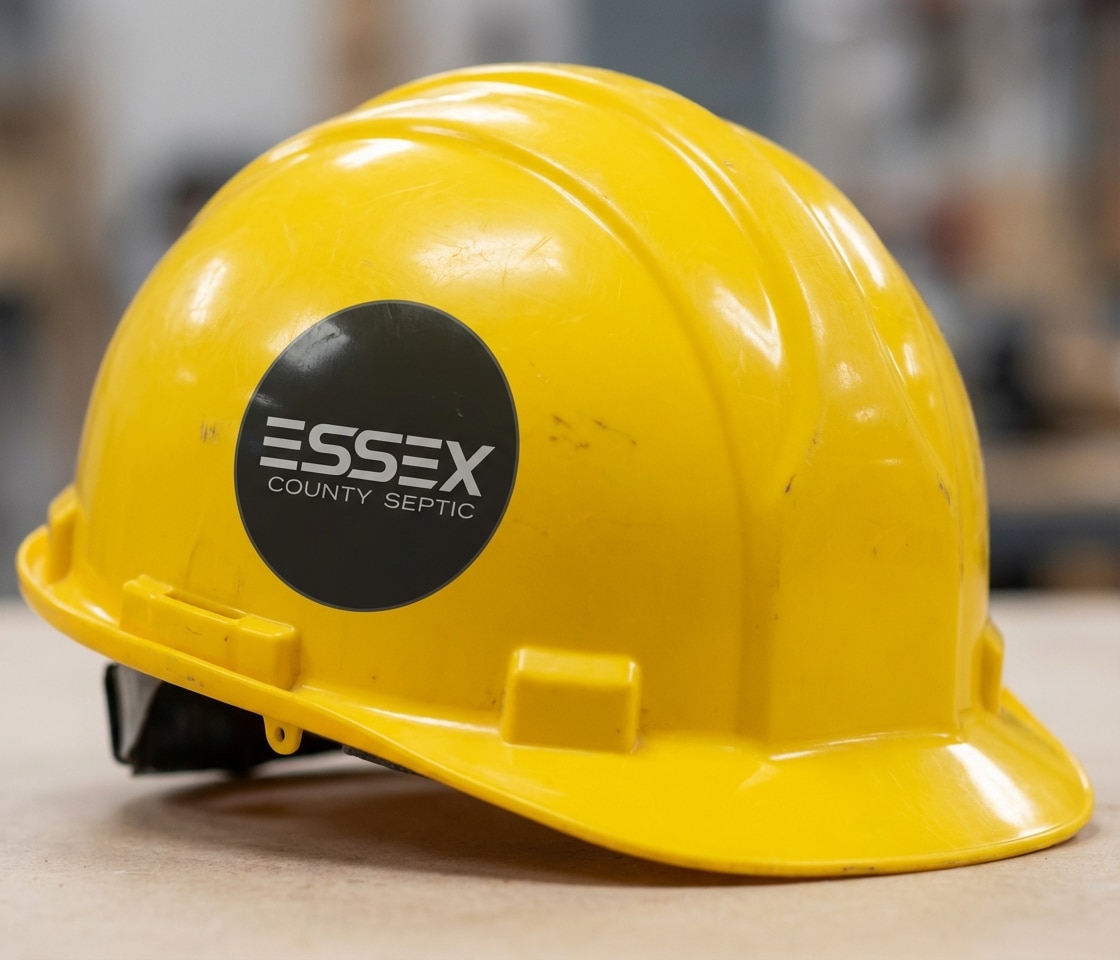 A yellow hard hat with a black sticker that reads Essex County Septic rests on a light-colored surface.