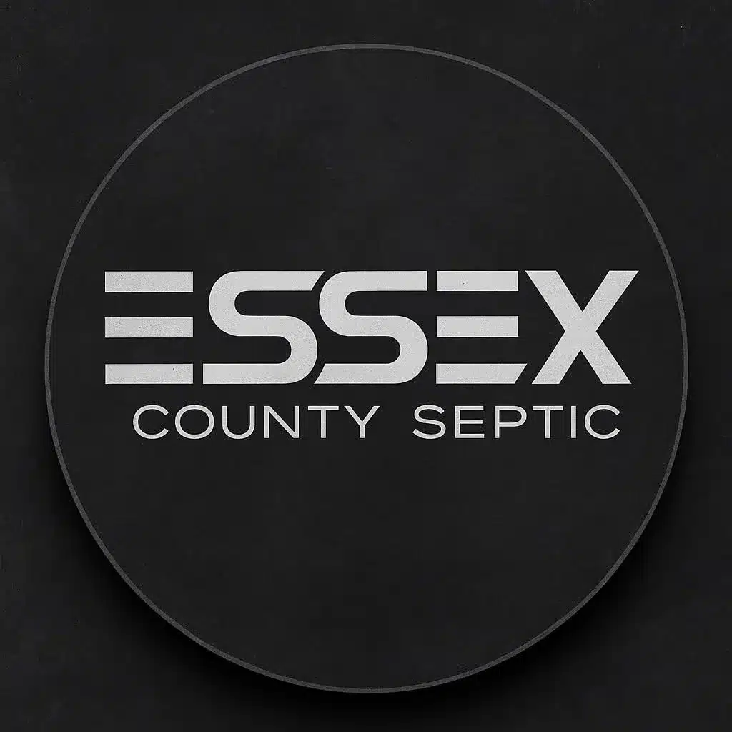 A circular black logo with the words ESSEX COUNTY SEPTIC in bold, white, modern font, centered on the design.